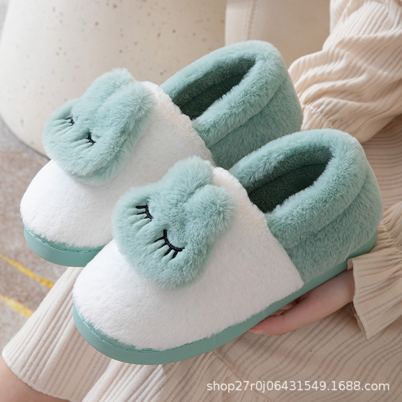 Women's Winter Cotton Slippers with Heel, Indoor Home Non-Slip Furry Shoes, Warm Floor Confinement Shoes, Cute