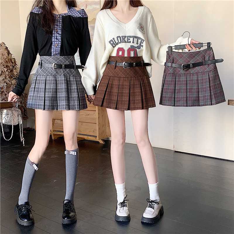 Real shot autumn and winter plaid woolen skirt sweet and spicy high waist skirt academic style pleated skirt women's short skirt