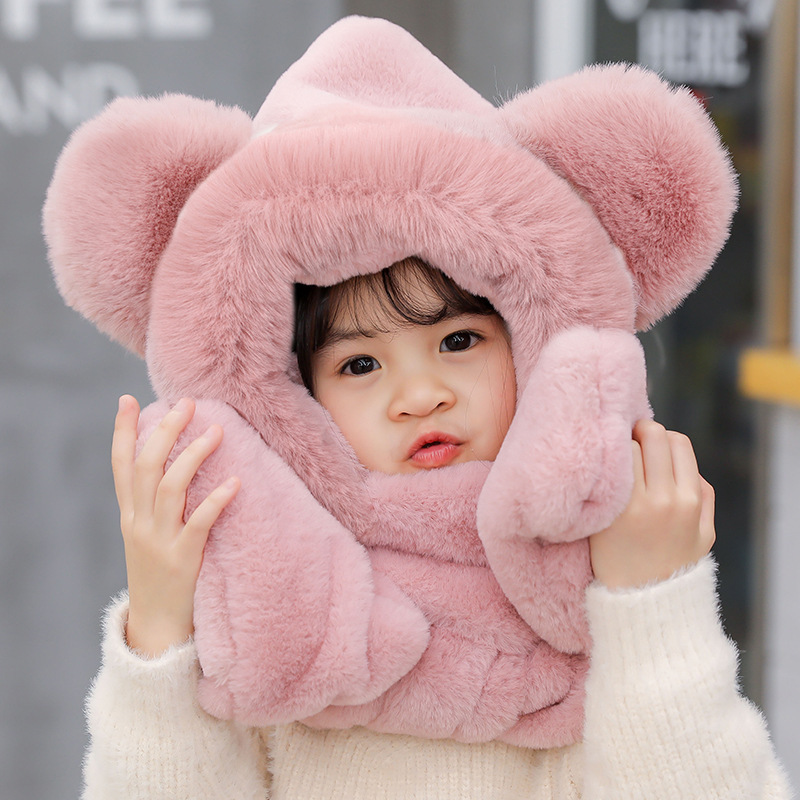 Picture of Children's hat winter boys and girls fleece-lined bear cute ear cap scarf gloves one-piece thick warm three-piece set