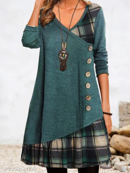 Picture of Amazon AliExpress Independent Station 2022 Autumn New V-Neck Stitching Decorative Buckle Long Sleeve Plaid Printed dress