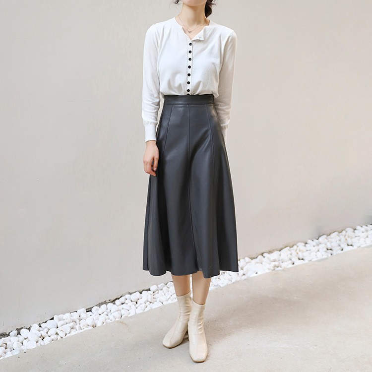 Picture of Autumn and Winter High-End Elegant High-Waisted Leather Skirt for Women, Mid-Length Pu Protein Leather High-End Large Hem A-Line Skirt