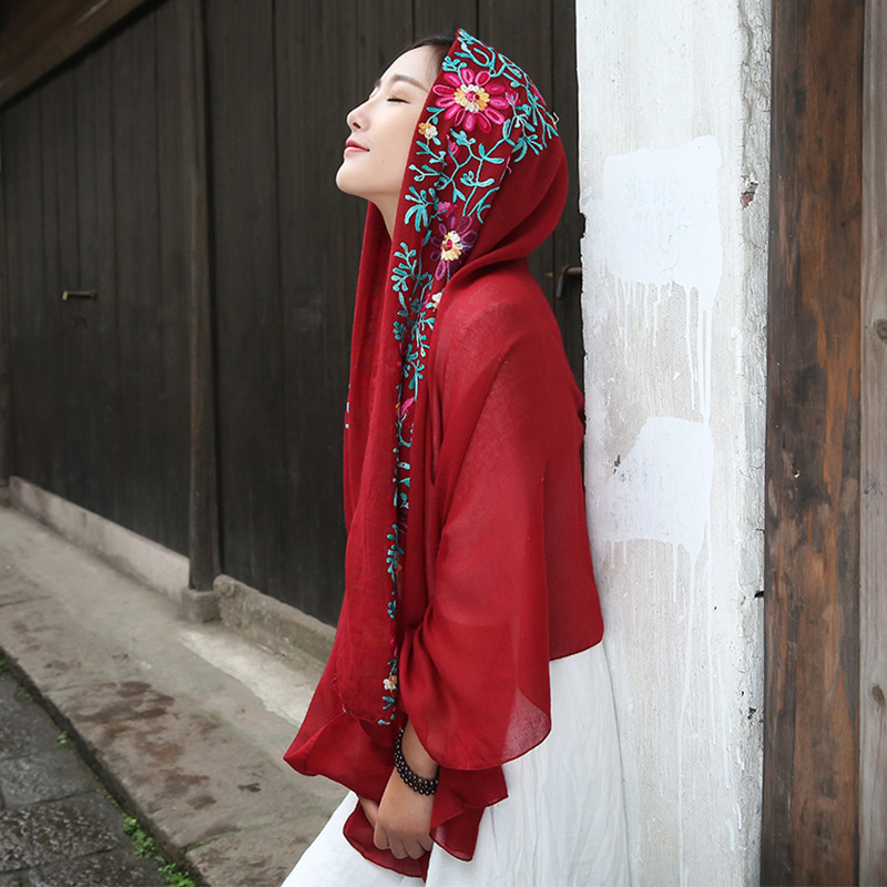 Ethnic Style Summer Sun Protection Desert Travel Shawl Seaside Beach Silk Scarf Thin Vacation Scarf Shawl Red Women