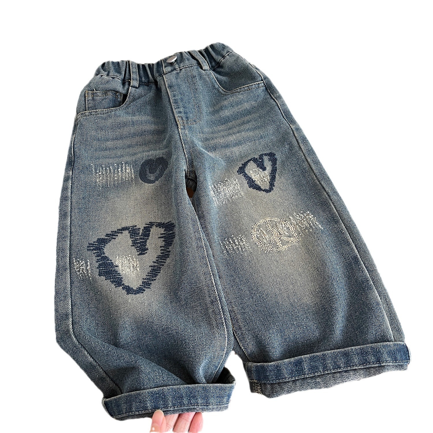 Picture of [Ready Stock] Girls Jeans Spring and Autumn 2025 New Baby Korean Style Straight-Leg Pants Trousers Love Embroidery Fashionable