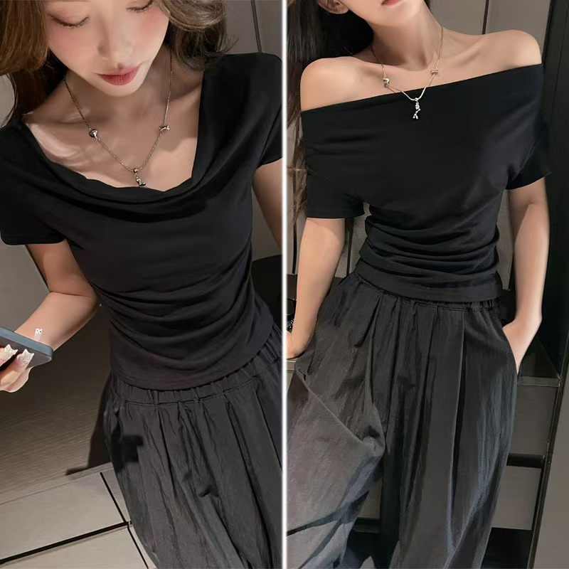 Designed Swing Collar Short-Sleeved T-Shirt for Women 2025 New Summer Women's Slimming Look Sexy Off-Shoulder Short Top