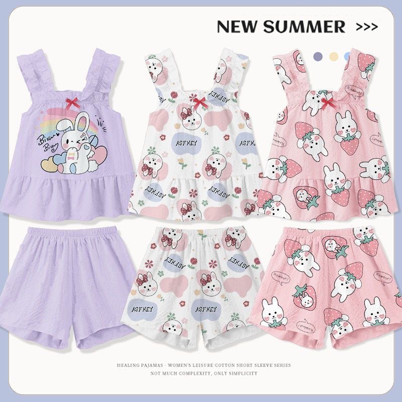 2024 new summer thin fashionable cute suspender shorts suit Cartoon Cartoon children and girls pajamas outside
