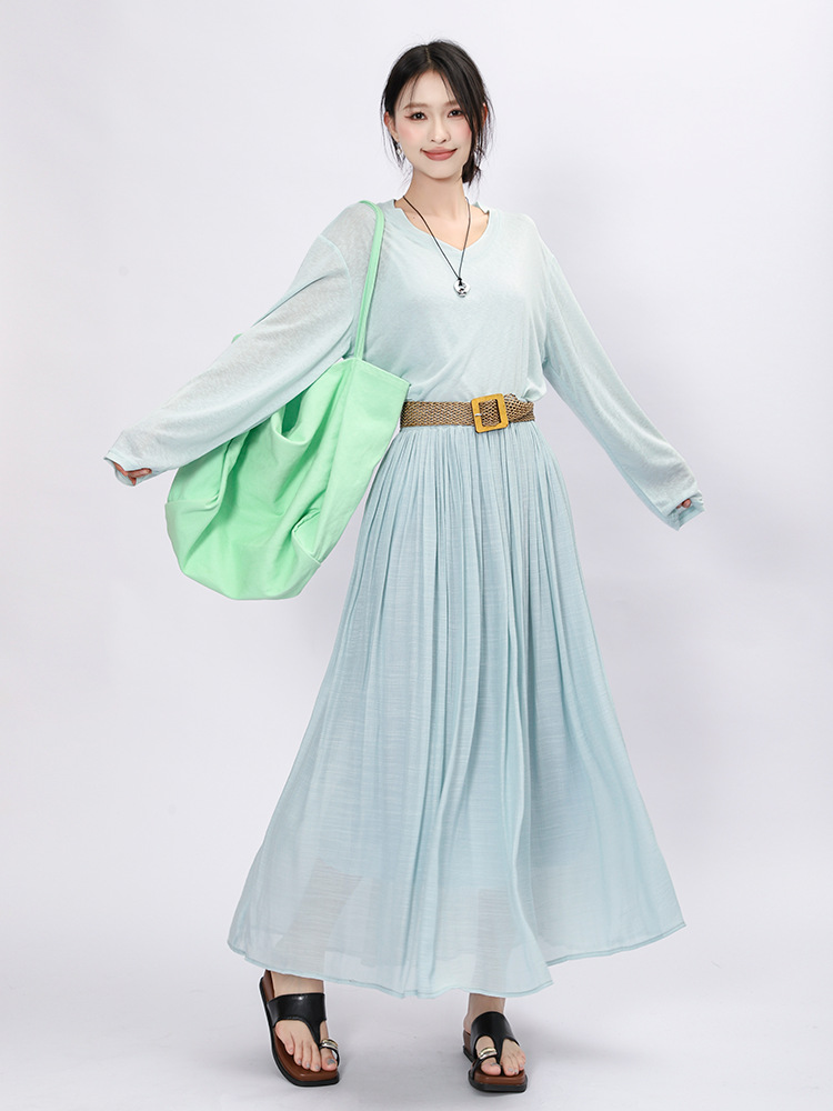 Fiyuan Retro Cotton and Linen Drape Pure Color A-Line Skirt for Women Summer New Versatile Slimming Look Skirt with Belt
