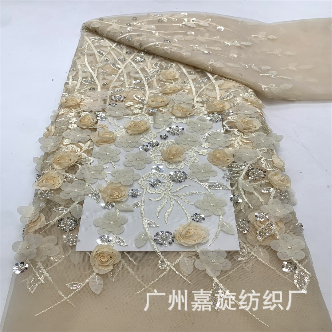 In-Stock Single-Sided Handmade Appliqué + Sequin Bead Tube Embroidery Beautiful Wedding Dress Children's Dress Mesh Embroidery Fabric