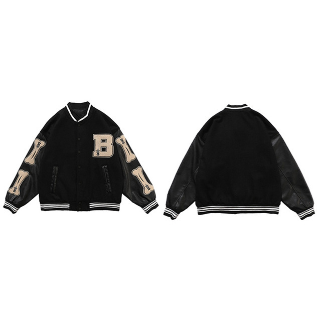 Picture of European and American Fashion Brand Hip-Hop Flocking Printed Baseball Suit Jacket Men's Street Loose PU Leather Stitching Jacket Women's Instagram Style Autumn