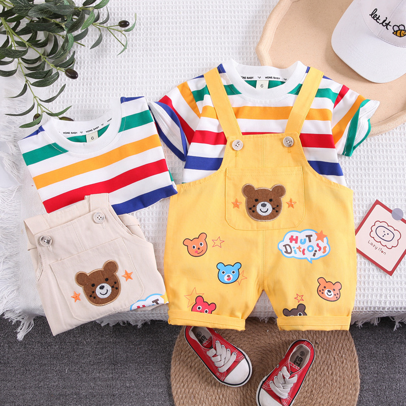 Boys' Summer Clothes suit Girl Baby Rainbow Bear Strap Short Sleeve Two-piece Set Children's Baby Clothes Cartoon Fashion