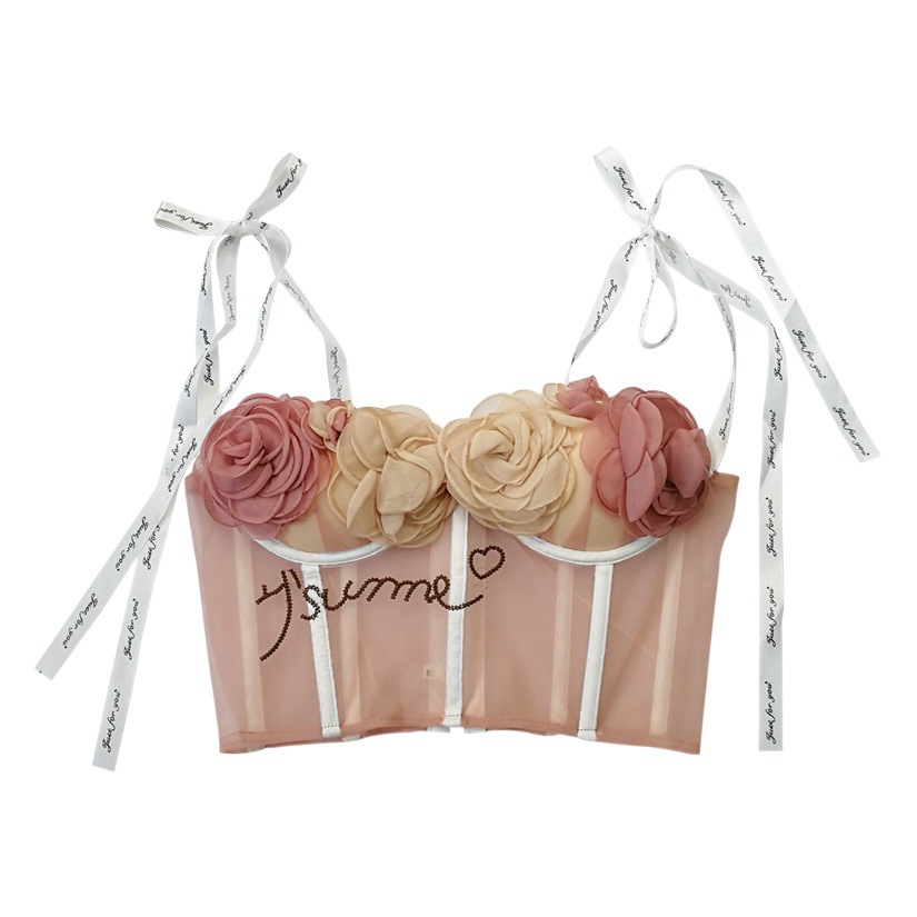 Popular Underwear with Breast Pads, Short See-Through Suspenders, Bellyband, Navel-Baring Sexy Straps for Girls, Cute Flower Tube Top