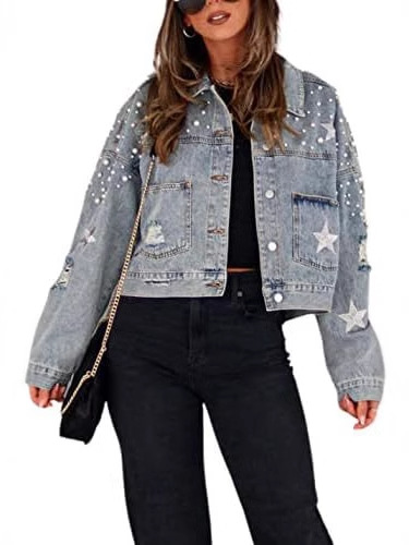 Picture of Cross Border Amazon Women's Short Pearl Beaded Denim Jacket Ripped Star Embroidered New Denim Jacket Coat