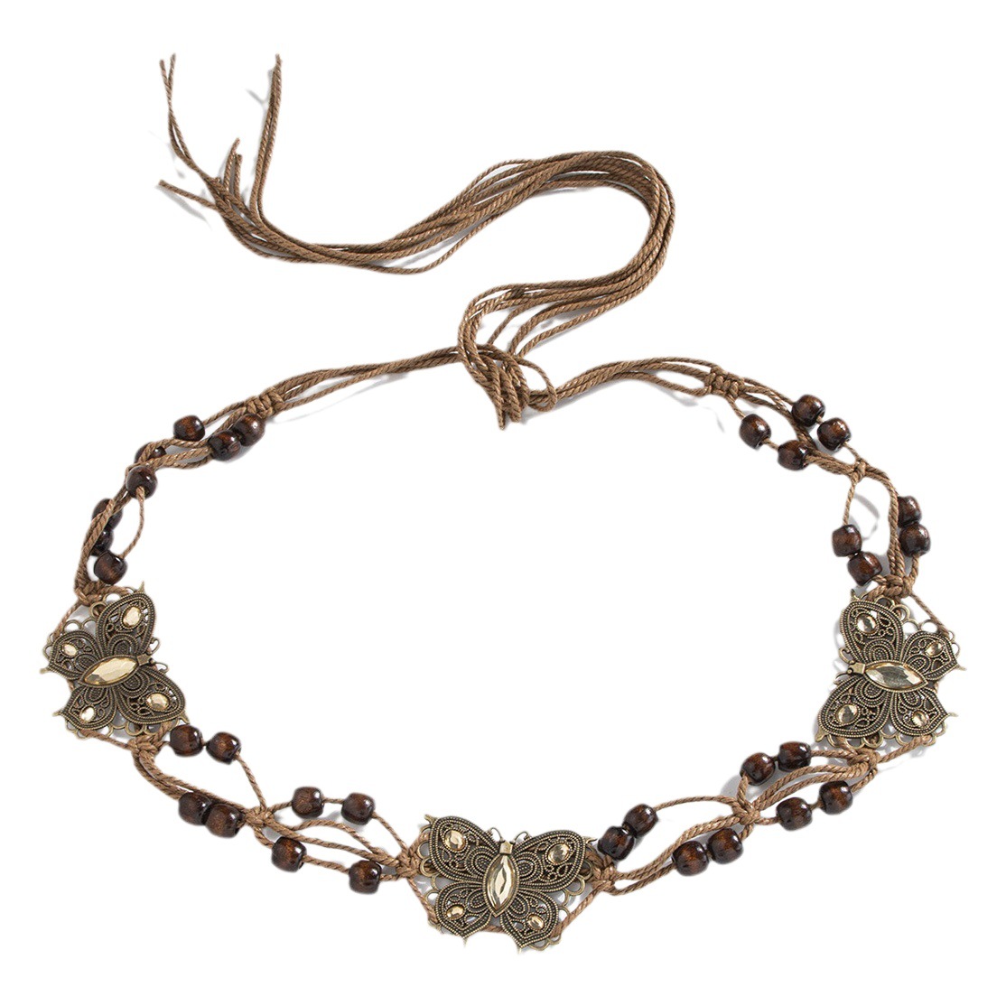 Bohemian Style Butterfly Rhinestone Woven Knot Ethnic Style Handmade Wooden Beads Women's Belt Leisure Holiday Style Waist Rope