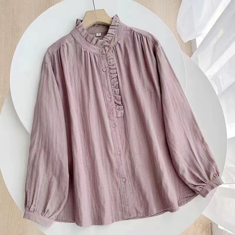 Chinese Style Literary Retro Pure Color Shirt Women's 2024 Spring and Autum New Cotton and Linen Ruffled Long-Sleeved Cardigan Top