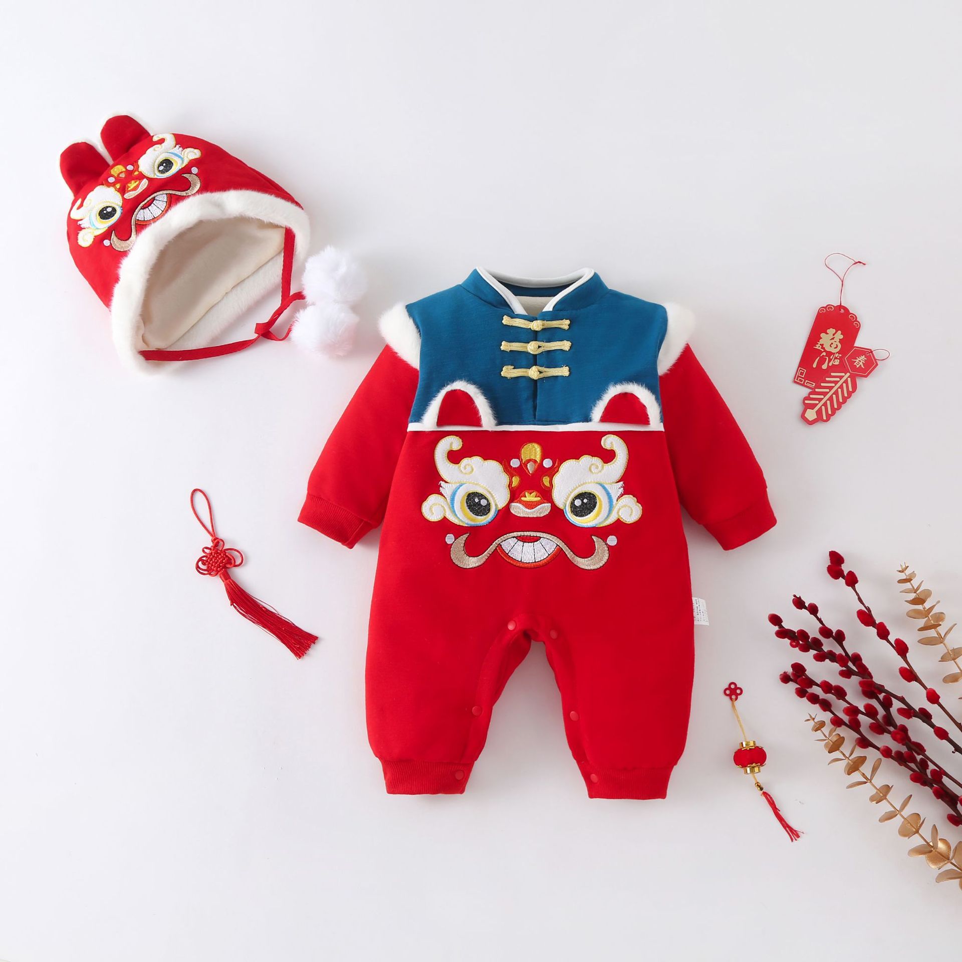 Picture of Chinese style winter baby romper New Year romper male and female baby double layer fleece-lined thickened Tiger year sweater New Year greeting clothes
