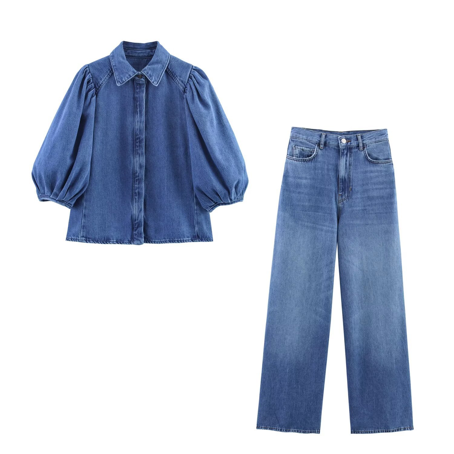 Bsk&Traf Women's 2025 Summer New Denim Shirt 5216053 + Wide Leg Jeans 6840055