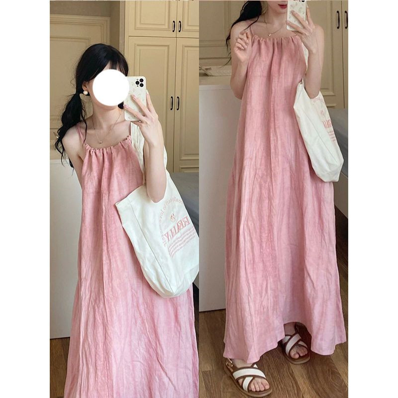 Hanging Neck Pink Halting Sling dress Summer Slimming Large Swing Skirt Pleated Sleeveless Seaside Holiday Skirt Long Skirt