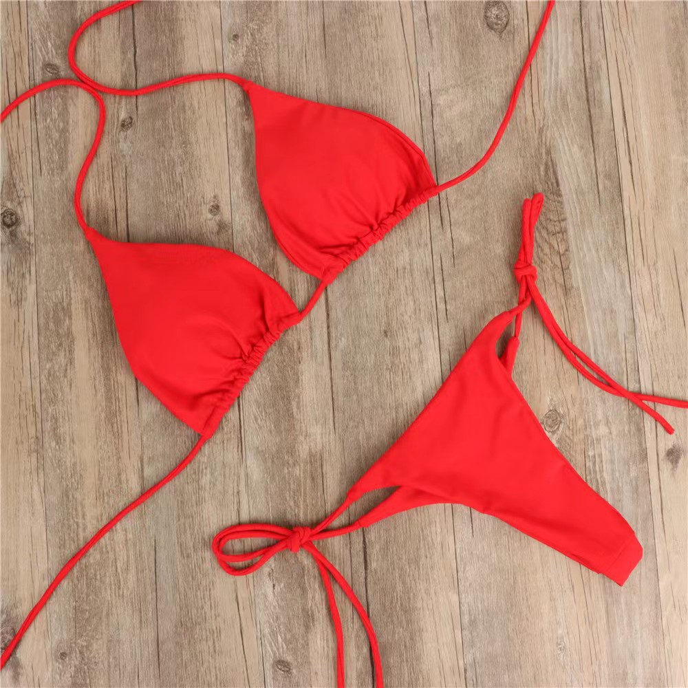 Picture of New European and American Bikini Swimwear Solid Color Foreign Trade Three-Point Sexy Swimsuit Women's Split Adjustable Lace-Up