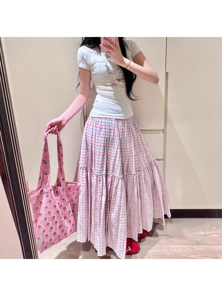 Small 150 mid-length summer short high-waisted A-line contrasting vintage plaid skirt women's large swing skirt cake skirt