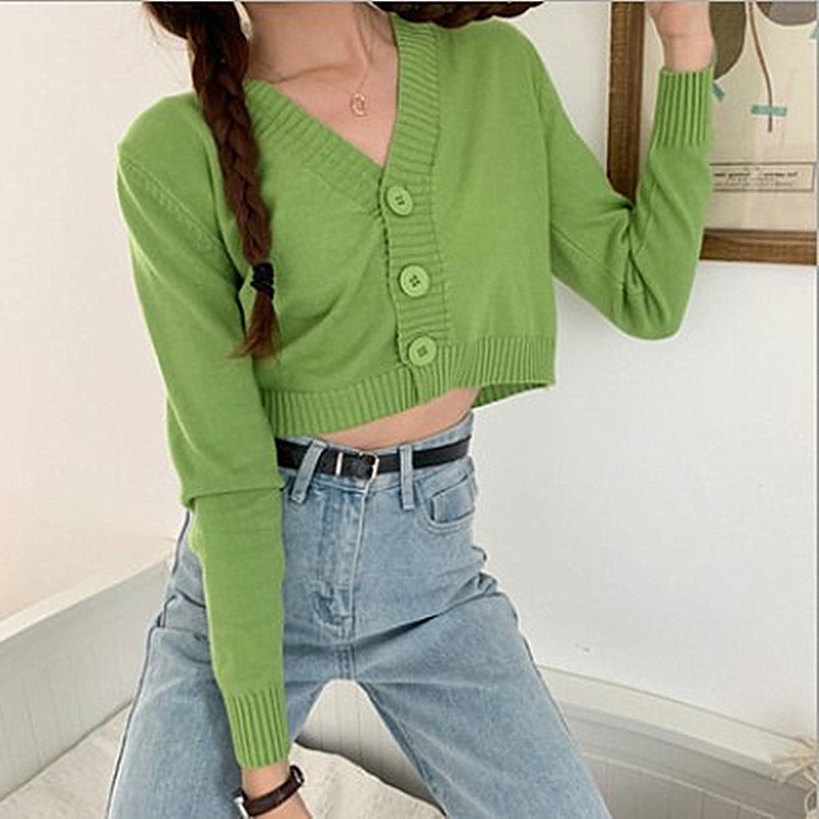 Internet Celebrant Acura Green Knitted Cardigan Jacket Women's Fashionable Short High Waist Long Sleeve Shawl V-Neck Trendy Sweater