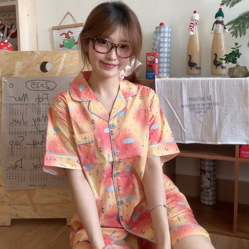 Korean Style Orange Fairy Tale World Spring and Summer New Pure Cotton Pajamas Women's Lapel Short-Sleeved Home Clothes Set Can Be Worn Outside