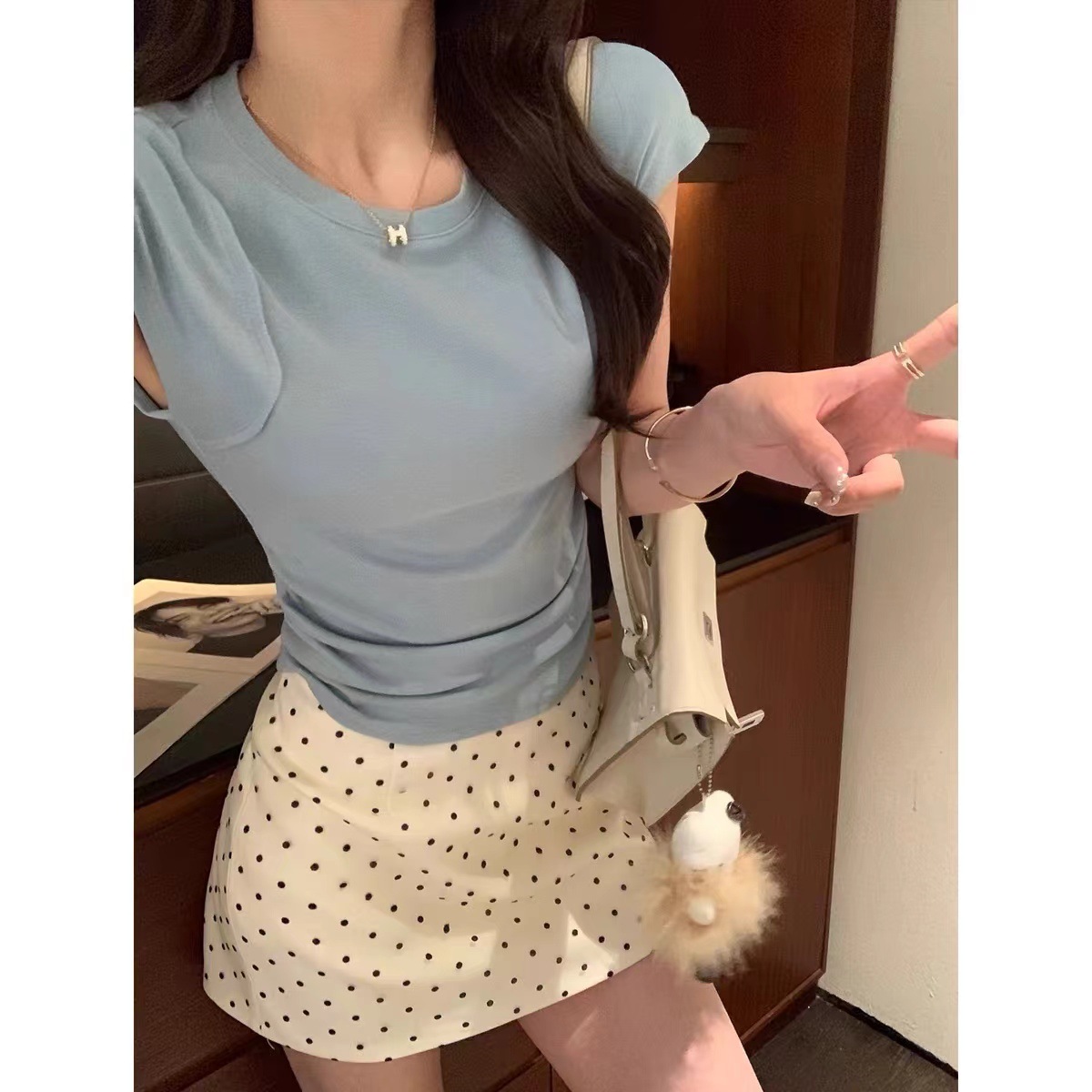 Casual Versatile French Style Black and White Wave Dot Skirt Women's 2024 Summer High Waist Slimming Hip A- line Skirt for Small Women