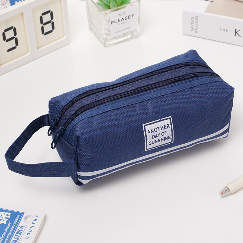 Picture of Portable Stationery Bag Double-layer Oxford Cloth Double-pull Pencil Bag Simple Large Capacity Primary and Secondary School Students Portable Zipper Pencil Bag