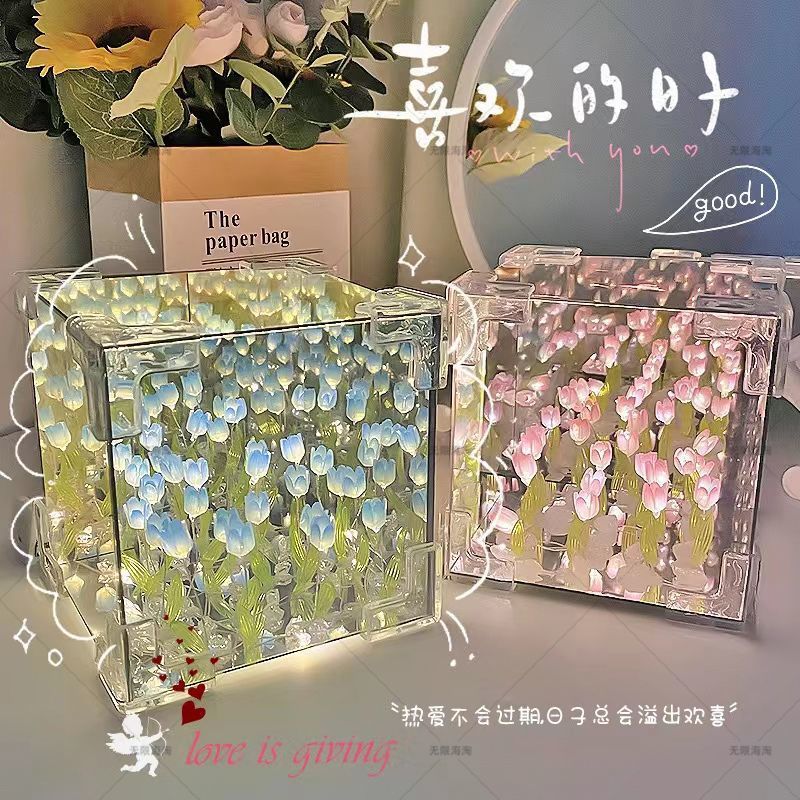 Handmade DIY Tulip Flower Sea Night Light Material Stereo Girlfriend Rubik's Cube Best Friend Birthday Gift Mirror 3D Mirror