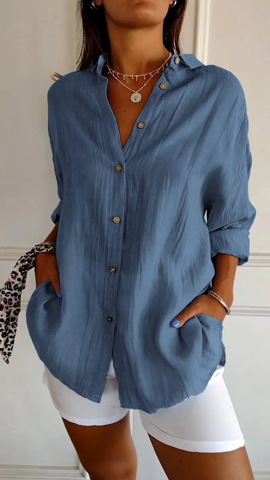 Picture of 2024 New Single-breasted Pleated Lapel Shirt Independent Station Explosions Women's Solid Color European and American Sleeve Top