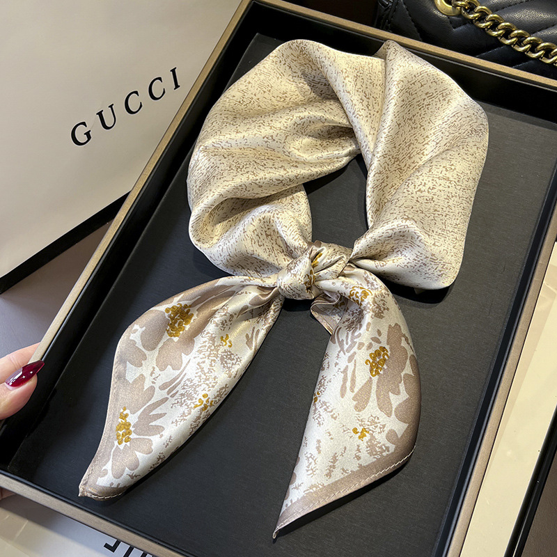 Picture of Spring and Autumn Thin Japanese and Korean Sweet Champagne Color Small Floral Silk Mulberry Silk 70cm Square Scarf Silk Scarf Hair Band Headwear Women