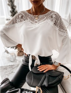 Independent Station wish Amazon Spring and Autumn New Long Sleeve Lace Shirt Solid Color Commuter Top Round Neck Shirt