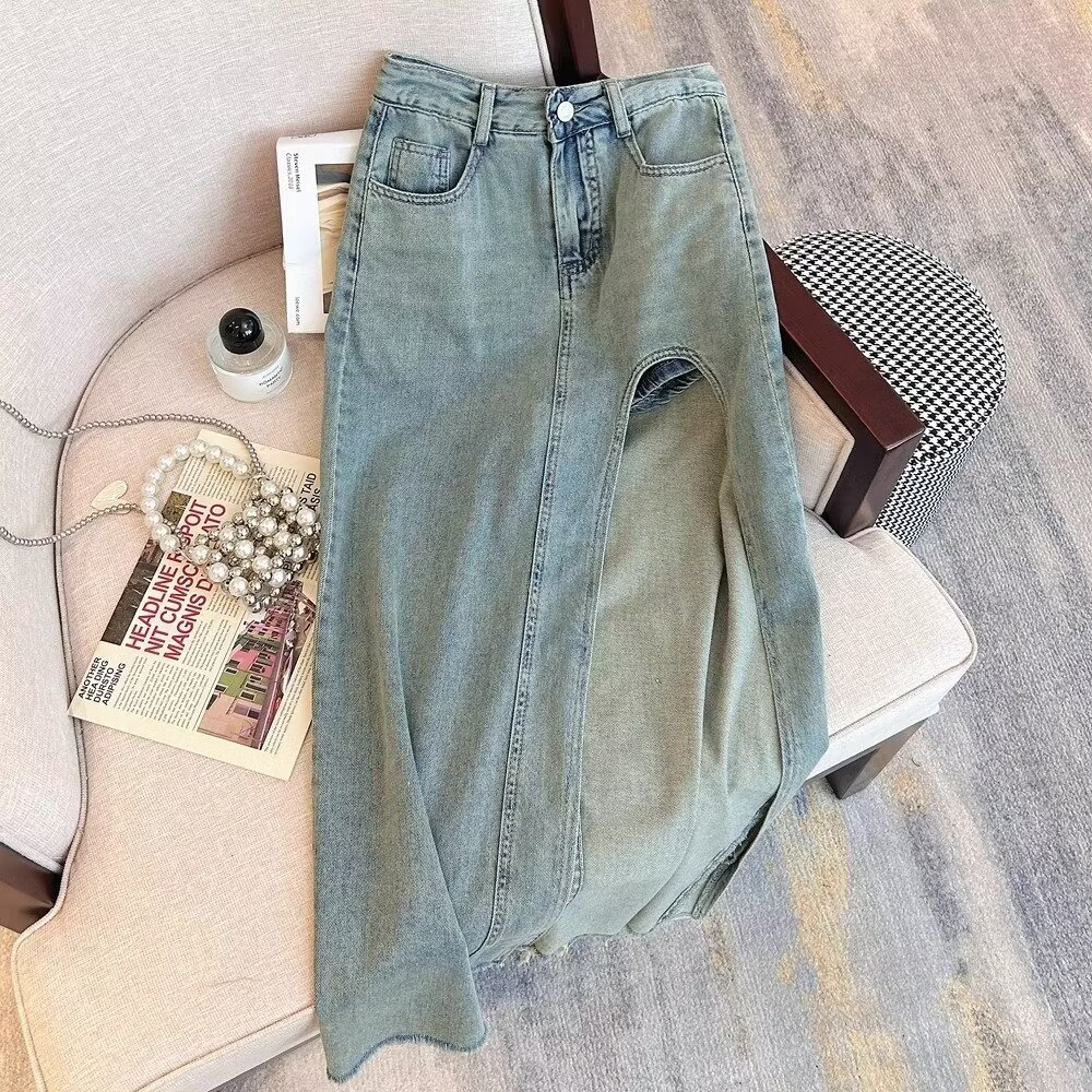 American Style Denim Skirt Women's Summer Hong Kong Style Design High Split Hip Skirt Anti-running Light A- shaped Mid-length Skirt