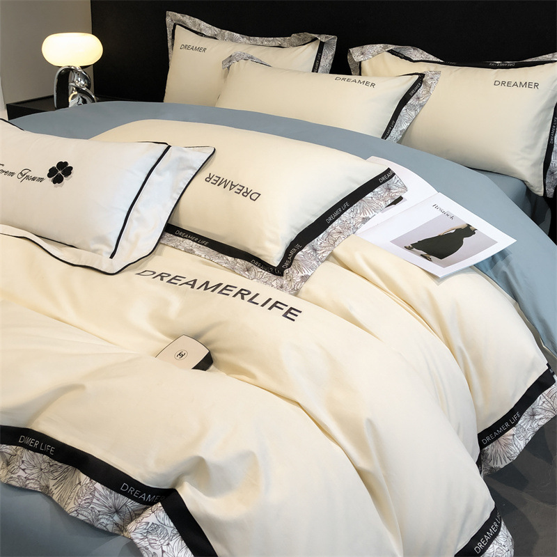 Foreign trade cross-border Nordic light luxury cotton embroidery edge matching four-piece cotton embroidery color matching three-piece bedding set