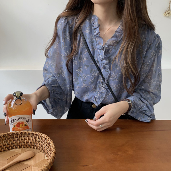 2025 New Korean Style Western Style Gentle Style Floral Chiffon Shirt Women's Long Sleeve Bottoming Shirt Puff Sleeve Top