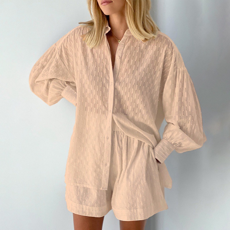 Picture of 2025 Amazon European and American Shirt Jacquard Bubble Sleeve Temperament Top Shorts Commuter Design Leisure suit