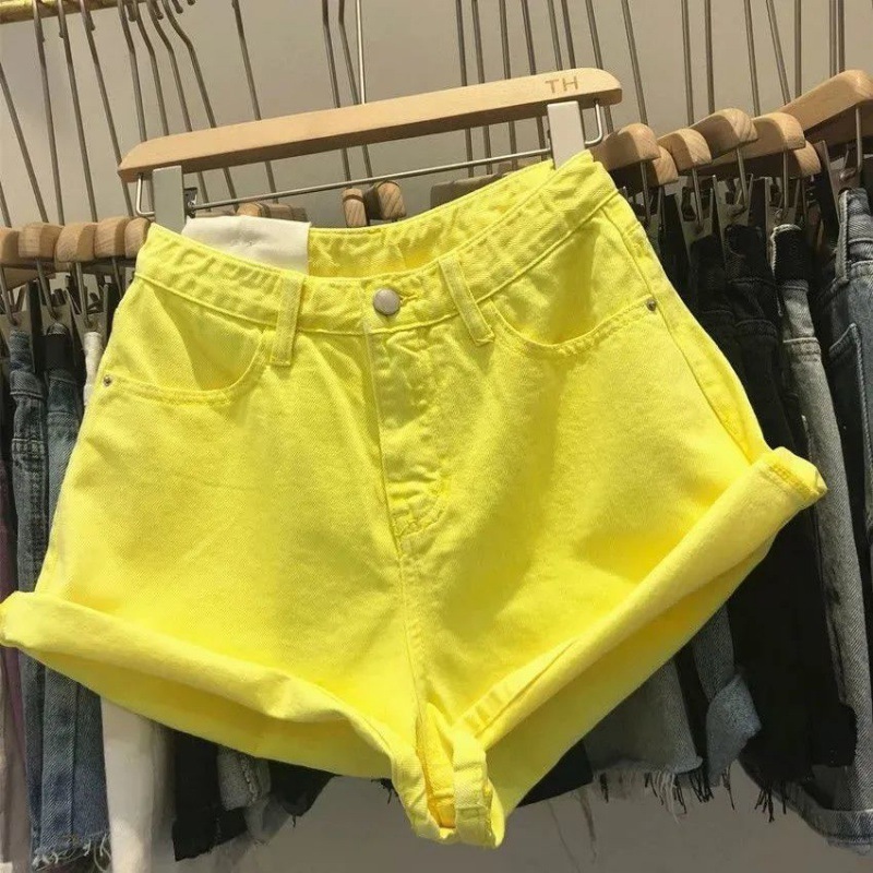 Korean-style Candy-colored Denim Shorts Women's 2024 Summer New Arrival Yellow Korean-style High Waist Wide-leg Slimming Trendy