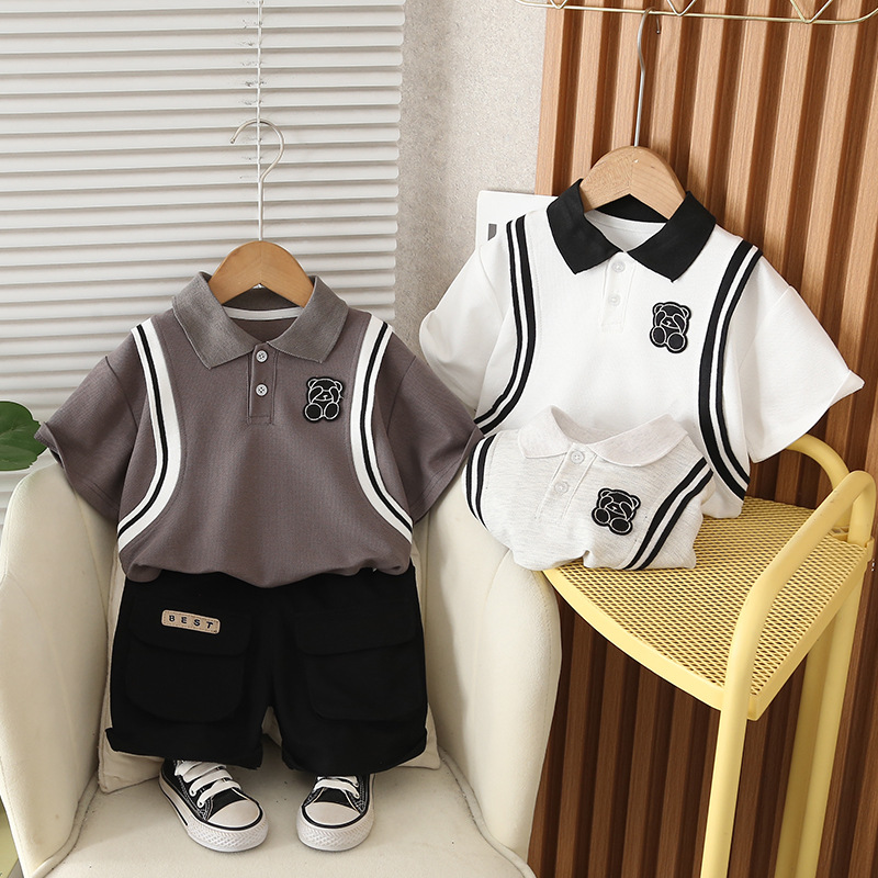 2025 New Summer Children's Short-sleeved suit Boy's Cargo Bear Polo Top Shorts Two-piece suit Trend