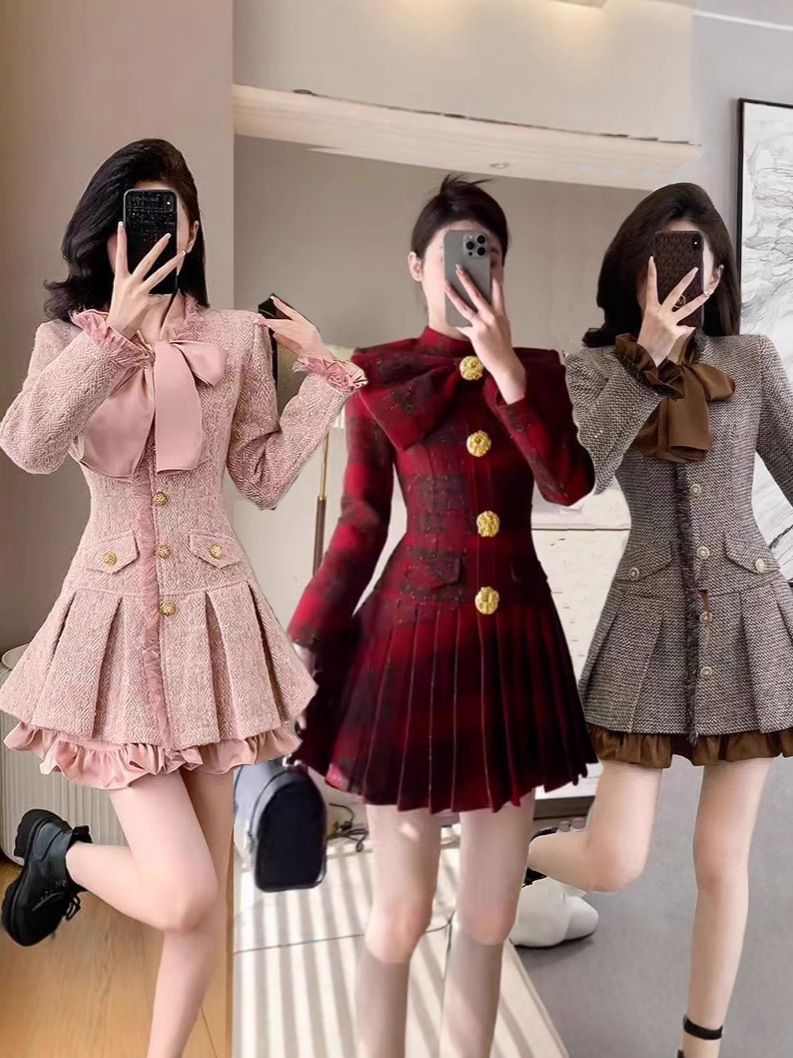 Autumn and Winter Workplace Ease Knit Tweed Stitching dress Slim-fit Long-sleeved Short Skirt Tweed Pleated Skirt