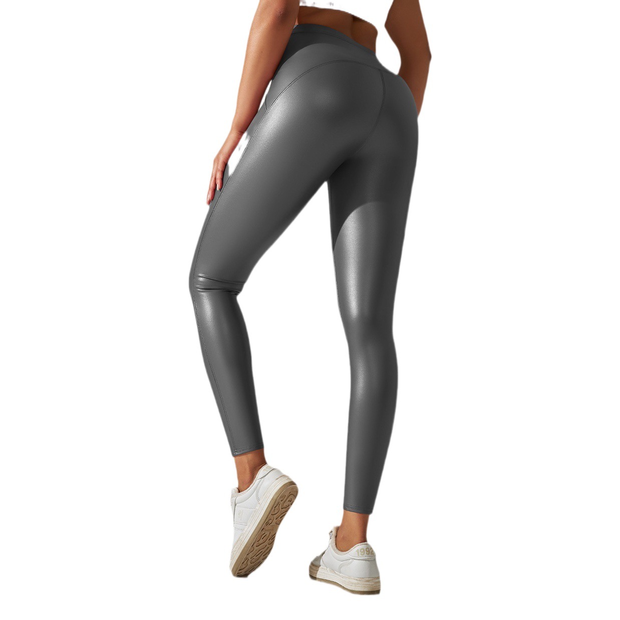 In Stock European and American cross-border PU leather pants high elastic sexy high waist solid color bright black tight trousers running fitness yoga pants