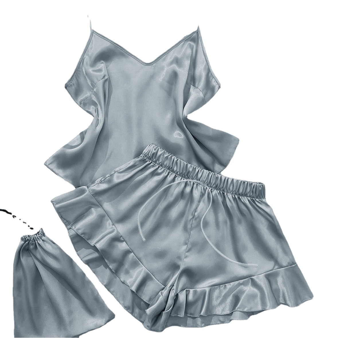 Imitation Silk Sling Home Clothes Three-Piece Set Simple Casual Ice Silk Backless Sling Shorts suit Sexy Pajamas for Women