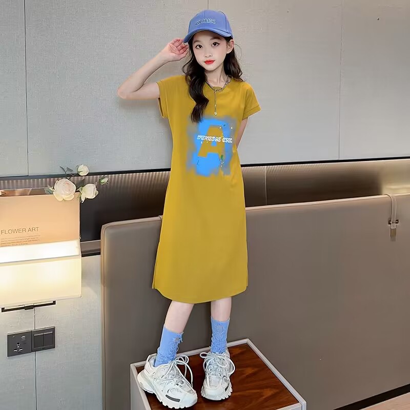 Girls' Summer Dress New Style Summer Middle and Big Children's Fashionable Korean T-Shirt Dress Long Large Children's Vest Skirt