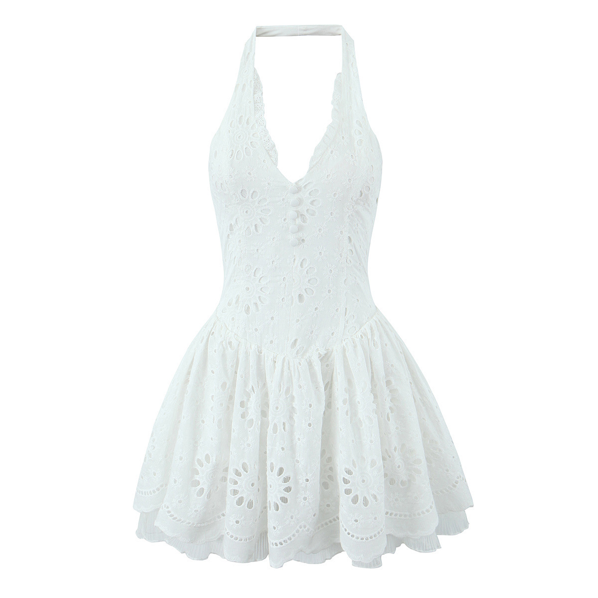 French Style Pure Desire Lace Embroidered V-neck Neck dress Women's 2025 New Hot Girl Holiday Style Tight Waist A- line Short Skirt