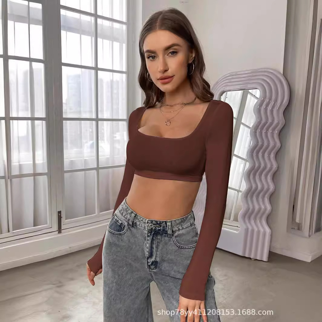 Picture of European and American 2024 Amazon Women's Clothing Cut-Off Sports and Leisure Knitted High-Elastic Long-Sleeved T-Shirt Tops Slim and Slim