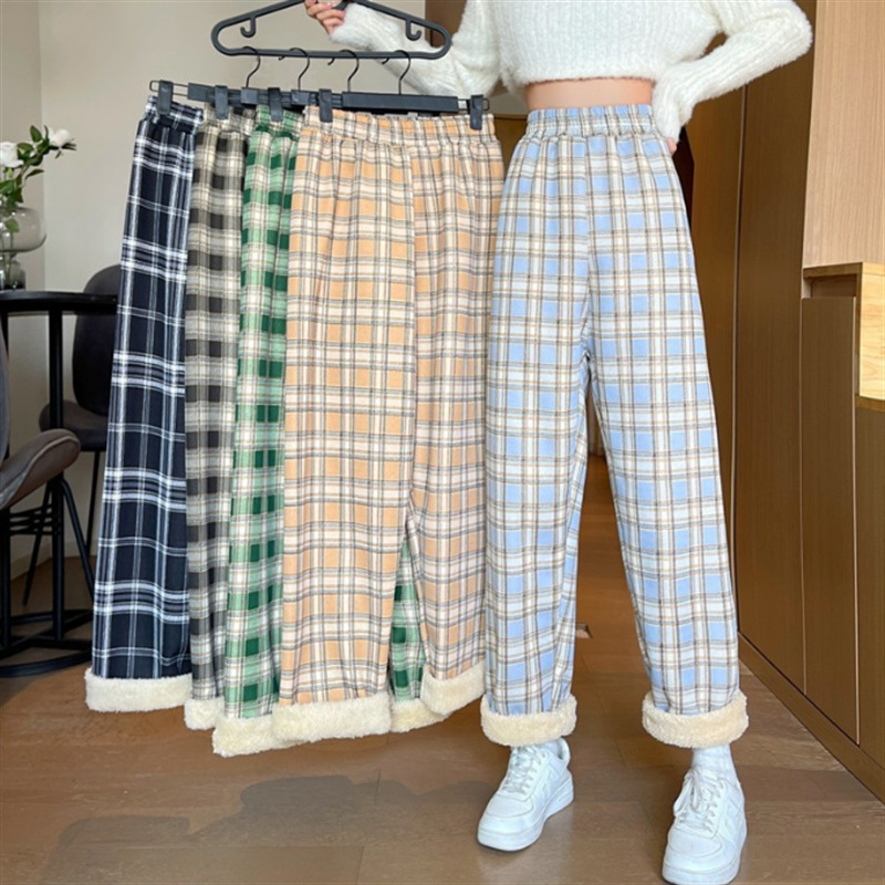 Fleece-Lined Thickened Lamb Wool Plaid Pants for Women, New Winter Style, Slimming Versatile High-Waisted Loose Casual Wide-Leg Trousers