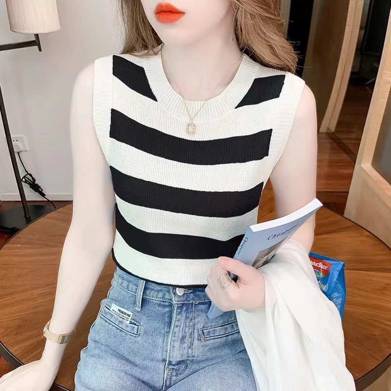 Camisole Women's Striped Knitted Round Neck All-match Inner Wearing Outer Wearing Camisole Wholesale Base Vest Women's Korean Sweater
