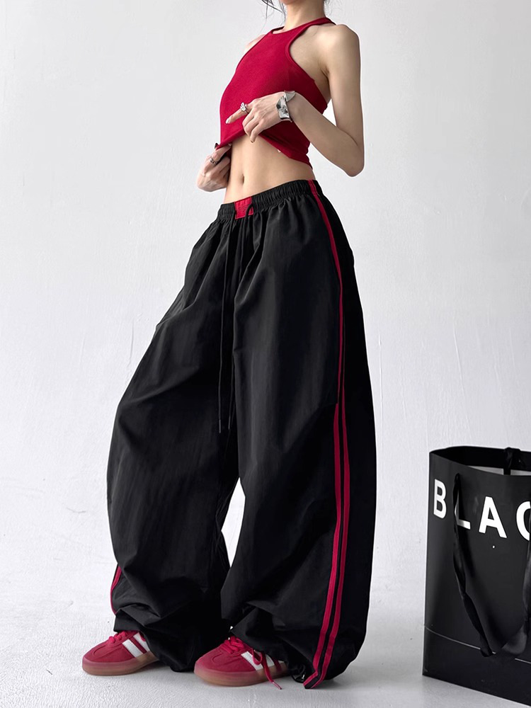 American Retro Color-Block Striped Casual Pants for Women 2025 Summer New Cool Quick-Dry Sports Parachute Wide-Leg Long Pants