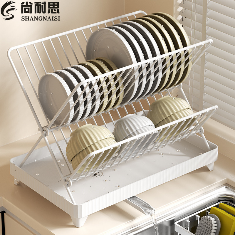 Kitchen Dish Rack Countertop Drainer Multifunctional Household Foldable Self-Draining Storage Rack