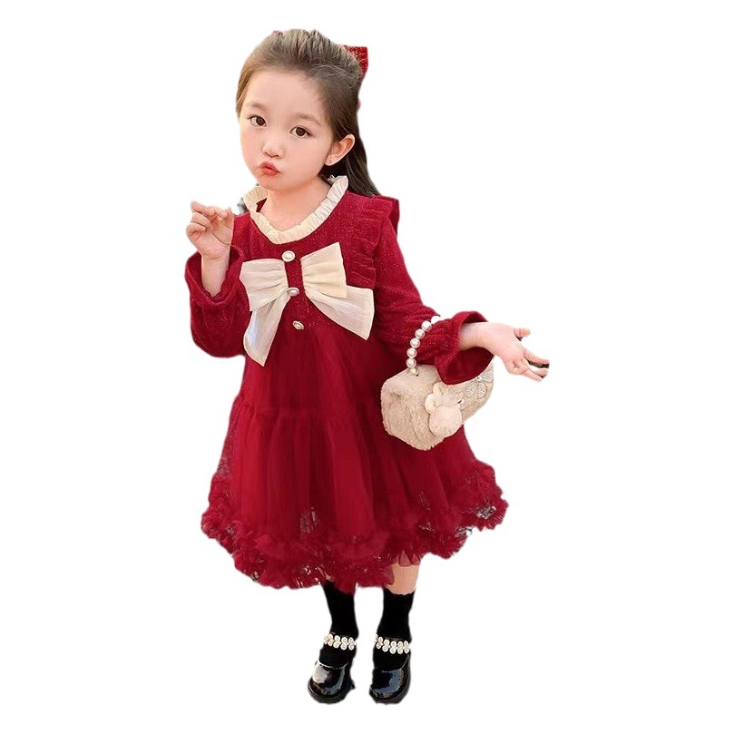 Spring and Autumn Red Girl dress 2024 New Year girl clothing fashion bow stitching mesh princess dress