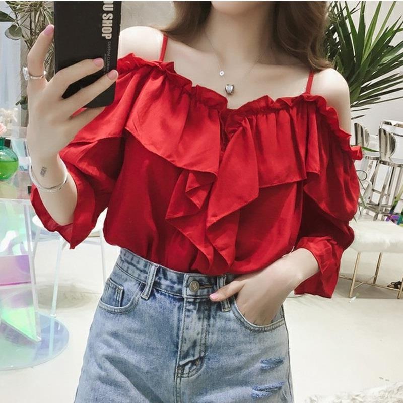 Off-shoulder strap shirt ruffled off-shoulder top fashionable loose 2023 Summer new women's short sleeve Korean style slimming
