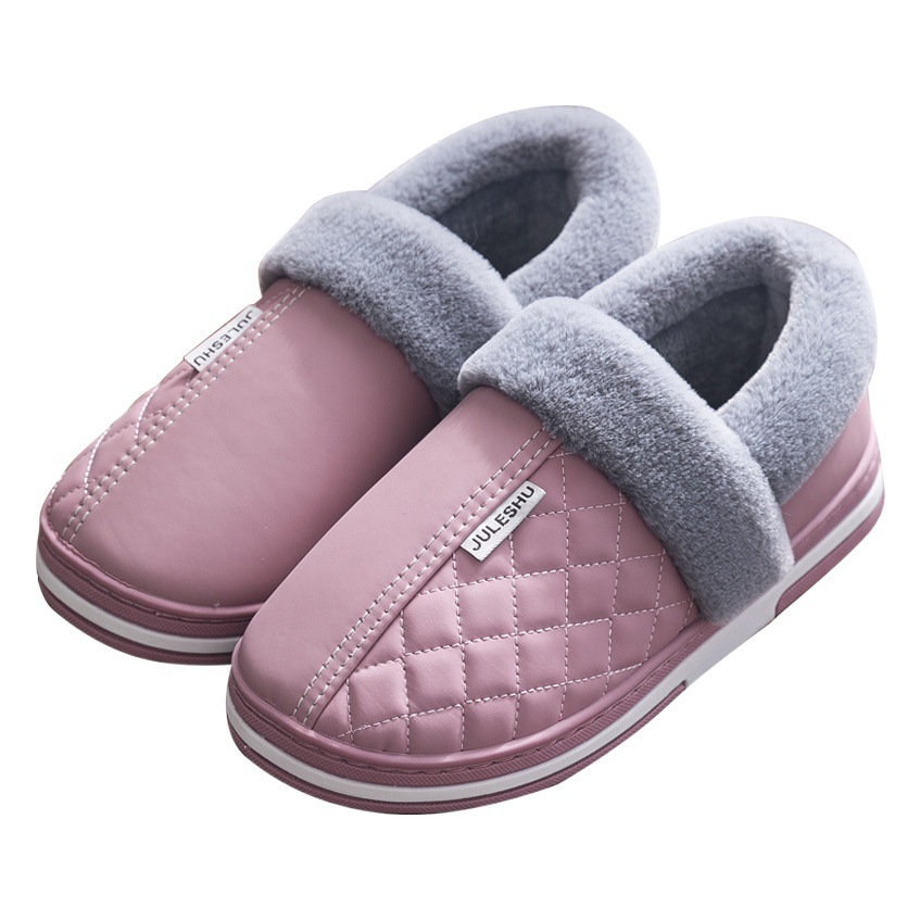 Waterproof PU Leather Non-Slip Warm Household Indoor Cotton Slippers Bag with Cotton Slippers Home Cotton Shoes