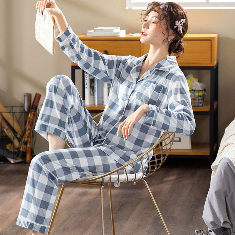 Wholesale new spring and autumn pajamas women's plaid control thin cardigan long sleeve trousers simple casual style home clothes suit